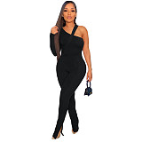 Solid Ribbed Skew Neck Bodysuit+Pencil Pants Set ASL-6531