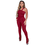 Solid Ribbed Skew Neck Bodysuit+Pencil Pants Set ASL-6531