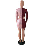 Hollow Out Patchwork Long Sleeve Sequin Club Dress LX-3520