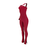 Solid Ribbed Skew Neck Bodysuit+Pencil Pants Set ASL-6531