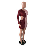 Hollow Out Patchwork Long Sleeve Sequin Club Dress LX-3520