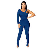 Solid Ribbed Skew Neck Bodysuit+Pencil Pants Set ASL-6531