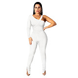 Solid Ribbed Skew Neck Bodysuit+Pencil Pants Set ASL-6531