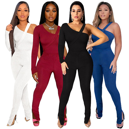 Solid Ribbed Skew Neck Bodysuit+Pencil Pants Set ASL-6531