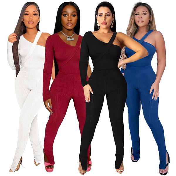 Solid Ribbed Skew Neck Bodysuit+Pencil Pants Set ASL-6531