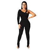 Solid Ribbed Skew Neck Bodysuit+Pencil Pants Set ASL-6531
