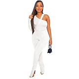 Solid Ribbed Skew Neck Bodysuit+Pencil Pants Set ASL-6531