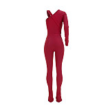 Solid Ribbed Skew Neck Bodysuit+Pencil Pants Set ASL-6531