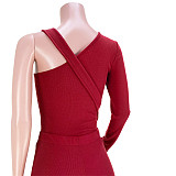 Solid Ribbed Skew Neck Bodysuit+Pencil Pants Set ASL-6531