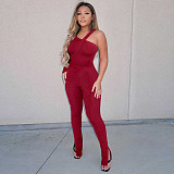 Solid Ribbed Skew Neck Bodysuit+Pencil Pants Set ASL-6531