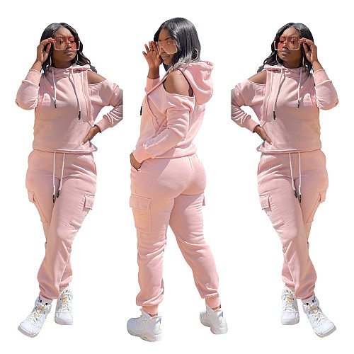Off Shoulder Hoodies Sweatshirt+Cago Pants Outfits AIL-189