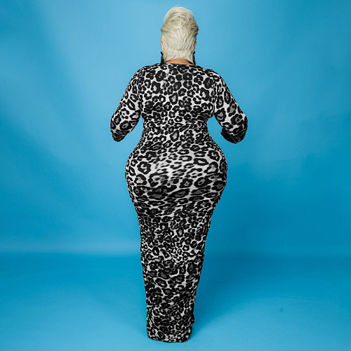 Leopard Print Long Sleeve Party Plus Size Dresses OSS-21399