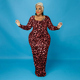 Leopard Print Long Sleeve Party Plus Size Dresses OSS-21399