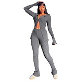 Knit Long Sleeve Single-breasted Top And Pants Set NIK-266