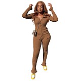 Knit Long Sleeve Single-breasted Top And Pants Set NIK-266