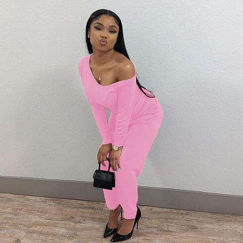 Skew Shoulder Long Sleeve Lace Up Jumpsuit MEI-9218