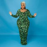 Leopard Print Long Sleeve Party Plus Size Dresses OSS-21399