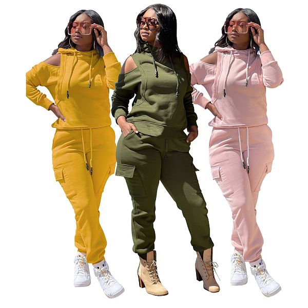 Off Shoulder Hoodies Sweatshirt+Cago Pants Outfits AIL-189