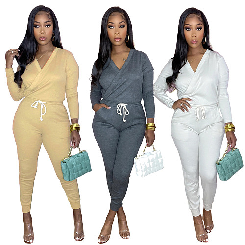 Solid V Neck Long Sleeve Lace Up One Piece Jumpsuit SFY-2154