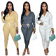 Solid V Neck Long Sleeve Lace Up One Piece Jumpsuit SFY-2154