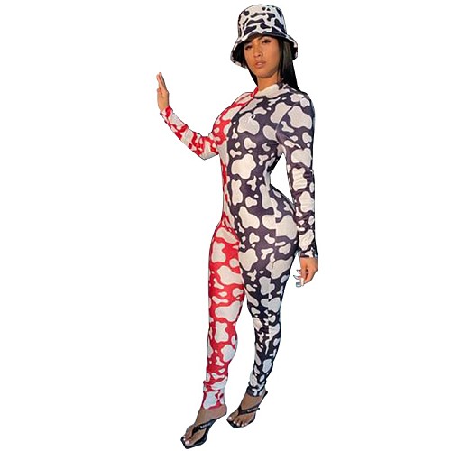 Pattern Print Patchwork Long Sleeve Skinny Jumpsuit SHD-9809