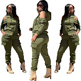 Off Shoulder Hoodies Sweatshirt+Cago Pants Outfits AIL-189