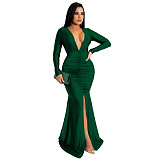 Long Sleeve V Neck Elegant Split Fishtail Dress YF-10036