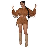Tassel Hooded Crop Top+Bike Shorts Sets MEM-88408