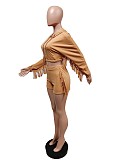Tassel Hooded Crop Top+Bike Shorts Sets MEM-88408