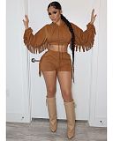 Tassel Hooded Crop Top+Bike Shorts Sets MEM-88408