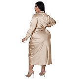 Solid Ladies Lapel Button Up Pleated Shirt Dresses ASL-7059