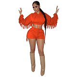 Tassel Hooded Crop Top+Bike Shorts Sets MEM-88408
