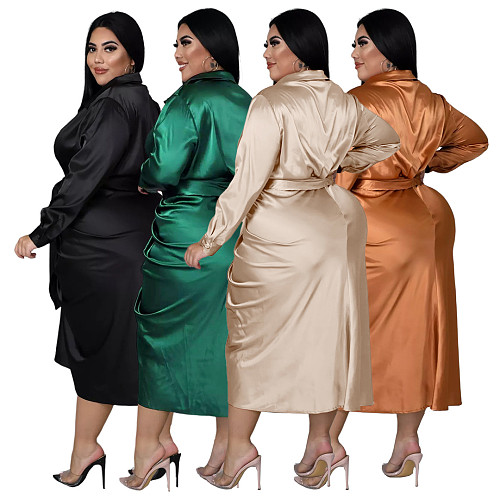 Solid Ladies Lapel Button Up Pleated Shirt Dresses ASL-7059