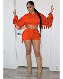 Tassel Hooded Crop Top+Bike Shorts Sets MEM-88408
