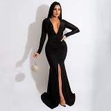 Long Sleeve V Neck Elegant Split Fishtail Dress YF-10036