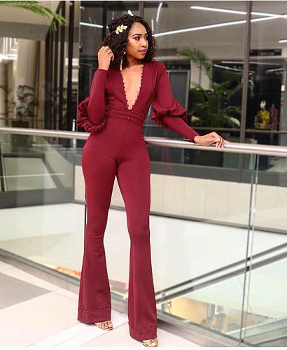 Deep V Sexy Beaded Puff Sleeve Flared Jumpsuit SHA-86288