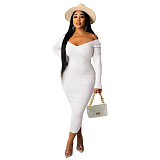 Solid Color Long Sleeve Ribbed Knitted Dress XMY-9339