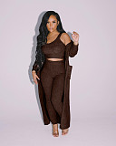 Plush Solid Long Sleeve Cardigan Tank Top Pants Set MDF-5274