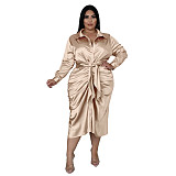 Solid Ladies Lapel Button Up Pleated Shirt Dresses ASL-7059