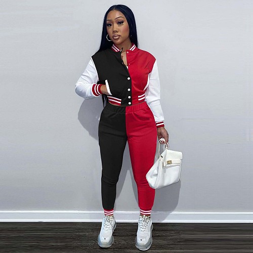 Patchwork Baseball Jacket+Pants Two Piece Set OY-6316