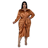 Solid Ladies Lapel Button Up Pleated Shirt Dresses ASL-7059