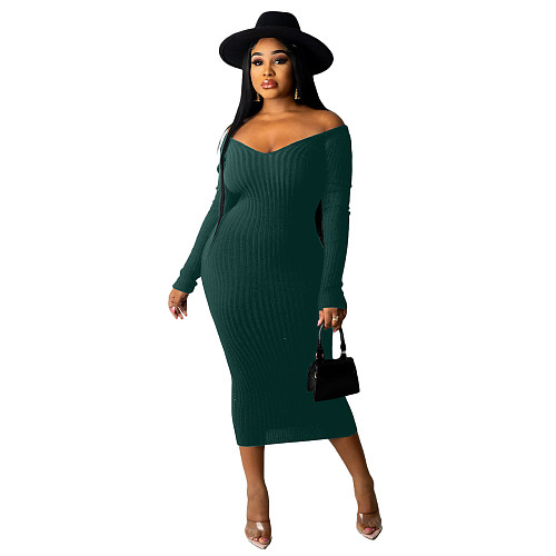 Solid Color Long Sleeve Ribbed Knitted Dress XMY-9339
