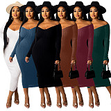 Solid Color Long Sleeve Ribbed Knitted Dress XMY-9339
