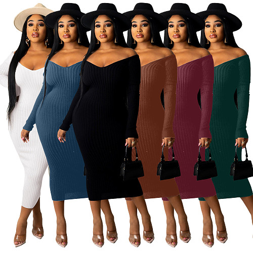 Solid Color Long Sleeve Ribbed Knitted Dress XMY-9339