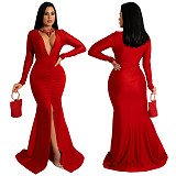 Long Sleeve V Neck Elegant Split Fishtail Dress YF-10036