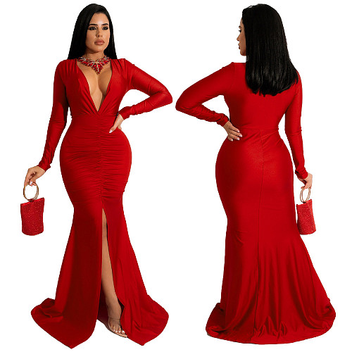 Long Sleeve V Neck Elegant Split Fishtail Dress YF-10036