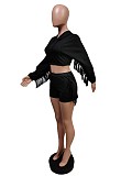 Tassel Hooded Crop Top+Bike Shorts Sets MEM-88408
