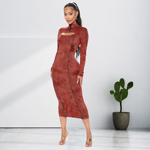 Tie Dye Long Sleeve Cut Out Bodycon Dresses 0SS-21421