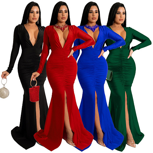 Long Sleeve V Neck Elegant Split Fishtail Dress YF-10036