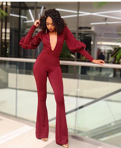 Deep V Sexy Beaded Puff Sleeve Flared Jumpsuit SHA-86288